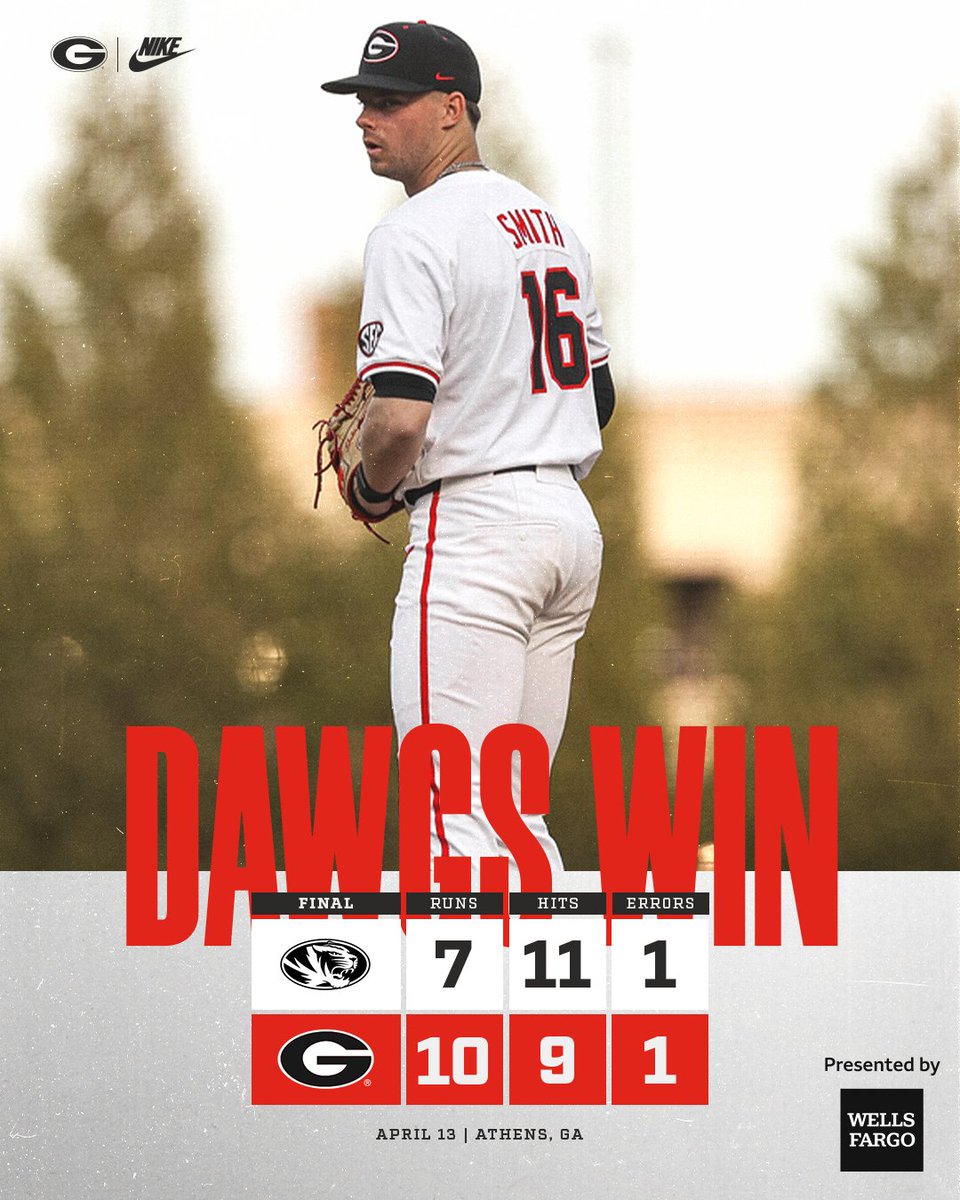 𝐓𝐡𝐞 𝐒𝐞𝐫𝐢𝐞𝐬 𝐆𝐨𝐞𝐬 𝐭𝐨 𝐭𝐡𝐞 𝐃𝐀𝐖𝐆𝐒 A career day on the mound for @16Kolten helps lift the Dawgs past Missouri to clinch the series. Smith tallied the 𝑴𝑶𝑺𝑻 strikeouts by a Georgia pitcher this season with 10. #GoDawgs | @WellsFargo