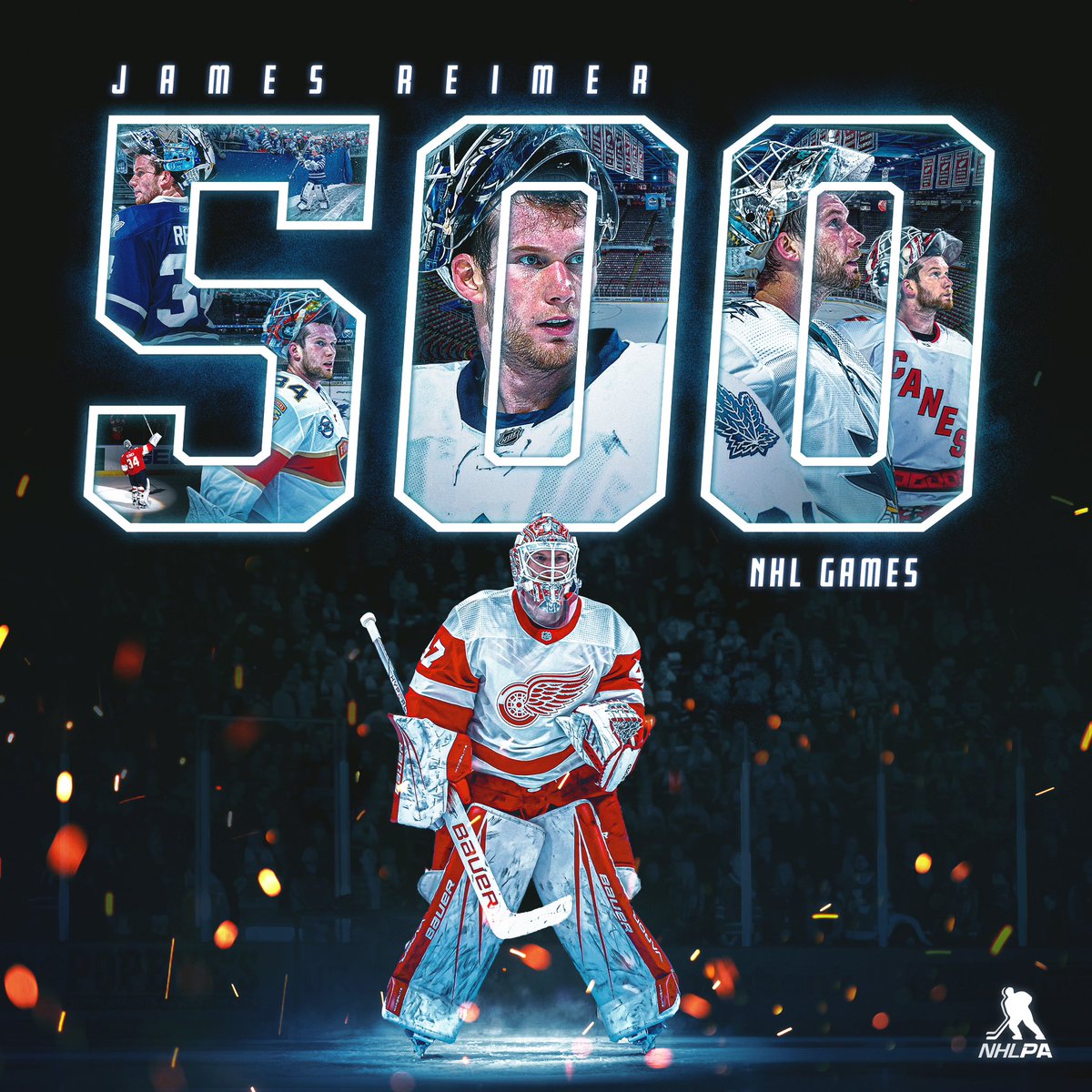 Transforming into a member of the 5️⃣0️⃣0️⃣ NHL games played club. Congratulations to @DetroitRedWings goaltender James Reimer!