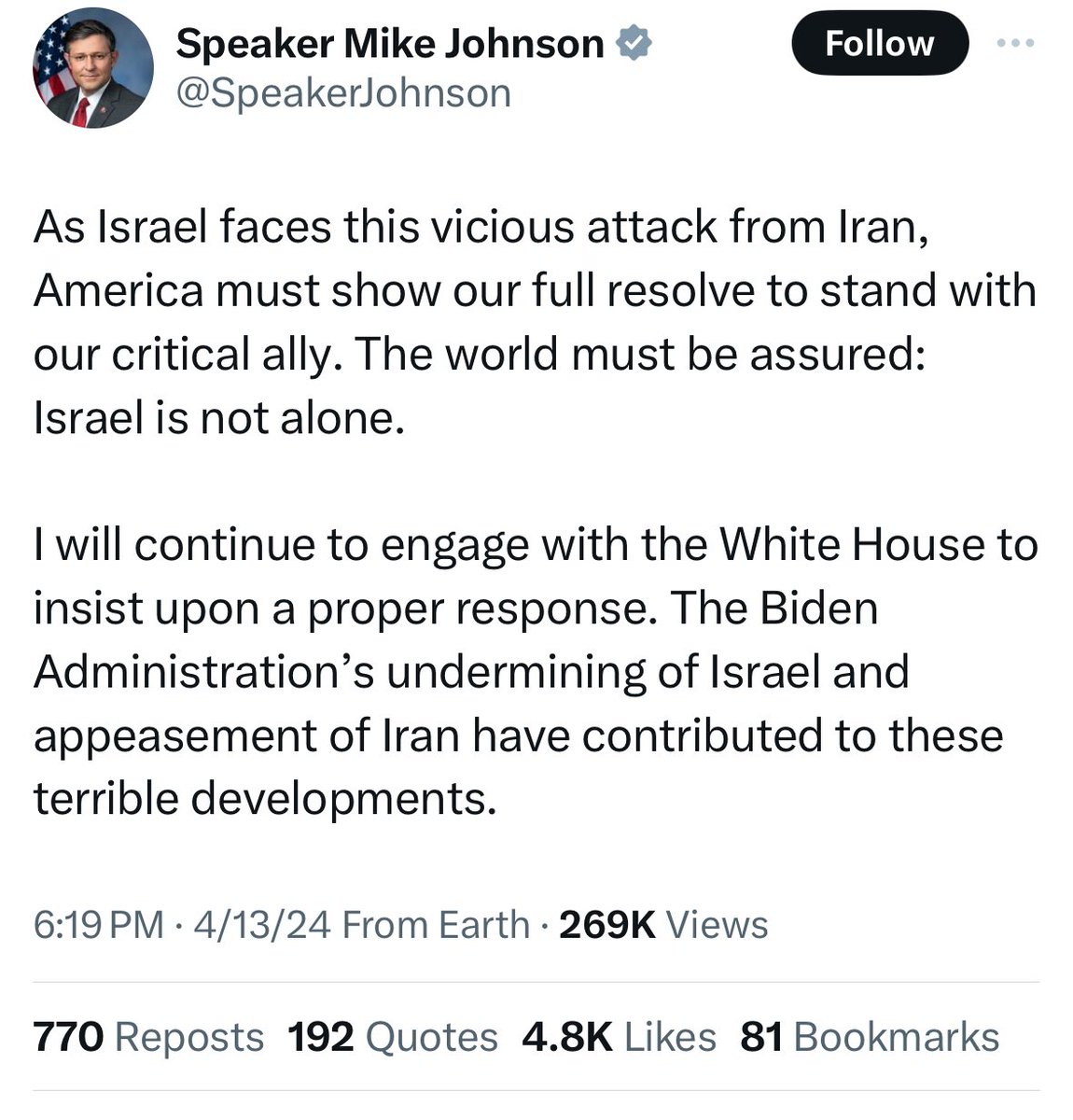 When you’re second in line to the presidency and war erupts in the Middle East this is precisely what you don’t do. You show the world the United States is united. You don’t undermine the Commander in Chief to try to boost your MAGA boss, @SpeakerJohnson.