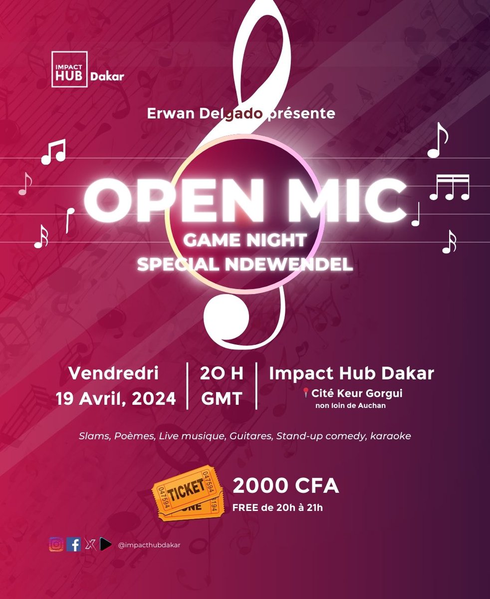 impacthubdakar's tweet image. OPEN MIC SPECIAL NDEWENDEL

🎤🎸✨ Rejoignez-nous pour une soirée inoubliable ! Pour seulement 2000 CFA, entrez gratuitement de 20h à 21h pour notre OPEN MIC SPECIAL NDEWENDEL. Vendredi 19 Avril 2024 à 20h GMT, à 📍Impact Hub Dakar, Cité Keur Gorgui.

 #ImpactHub  #kebetu