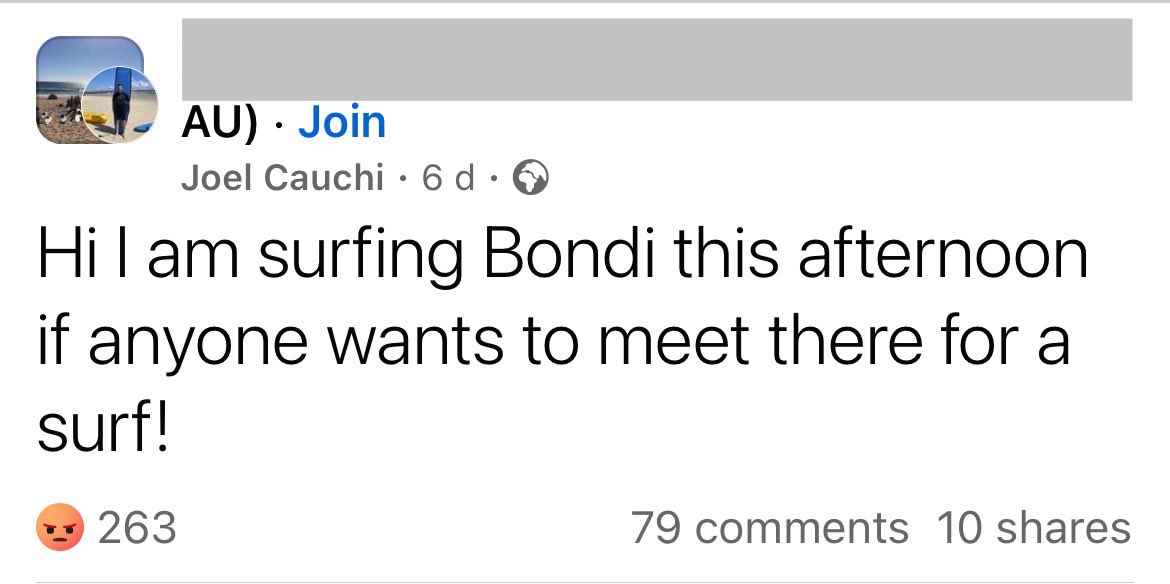 nishanchilkuri's tweet photo. Sydney knife attacker identified as 40 year old Joel Cauchi. 

Shocking Facebook post reveals he invited people to join him as he went surfing at Bondi just six days ago. 

#JoelCauchi #SydneyAttack #BondiJunction https://t.co/YNZrYhDDOC