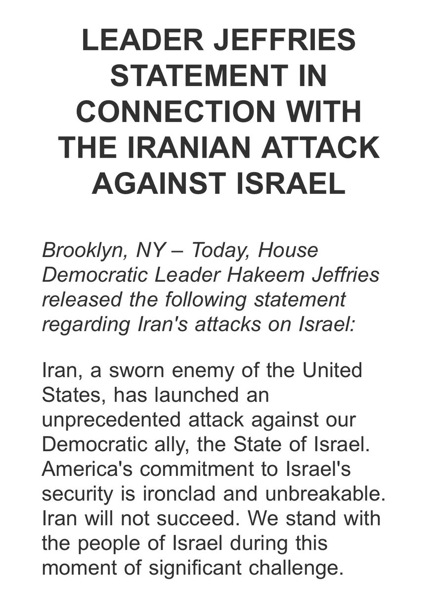 MORE - Leader Jeffries statement re #IranAttackIsrael @News12BK