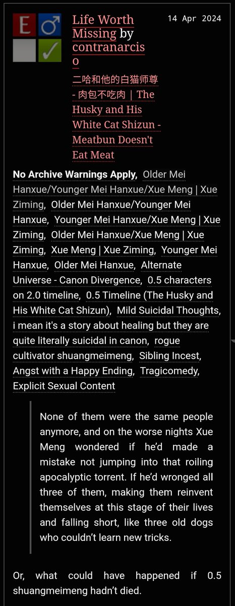 fxntleatherette's tweet photo. Life Worth Missing
#erha #2ha #shuangmeimeng 
🦊🦚🦊 shuangmeimeng
• explicit 🔞
• completed work | 58k
• there is mhx/mHx
• read warnings!!!

🔗https://t.co/AYUFMzR3oD https://t.co/AuccgA7Vwa
