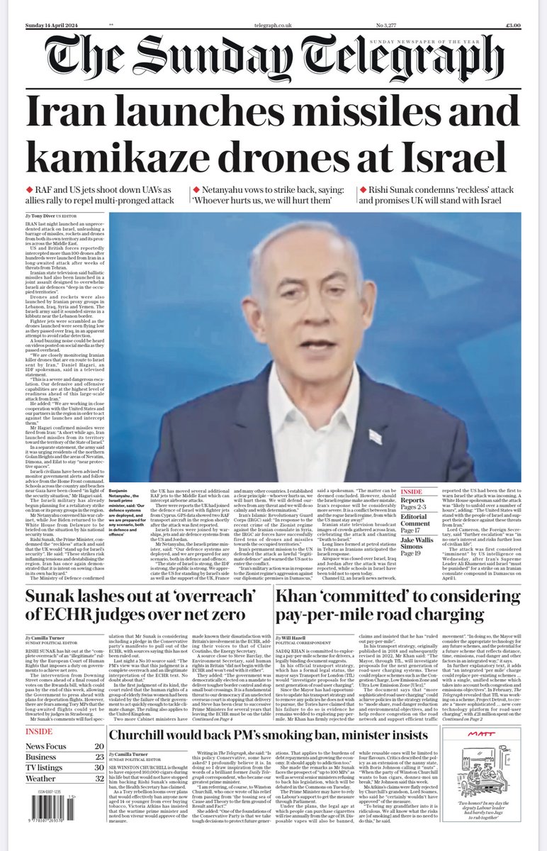 Iran launches missiles and kamikaze drones at Israel - Sunday @telegraph final p1