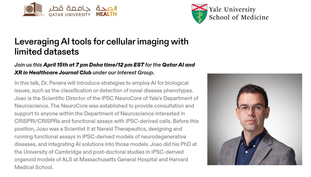 Our online medical AI journal club is back for April! I’m excited to host Dr. @jdpereira at @YaleNeuro @YaleMed to discuss all things AI and cellular imaging, especially with limited datasets! As always, anyone, anywhere can tune in via the link: qu.webex.com/meet/szughaier