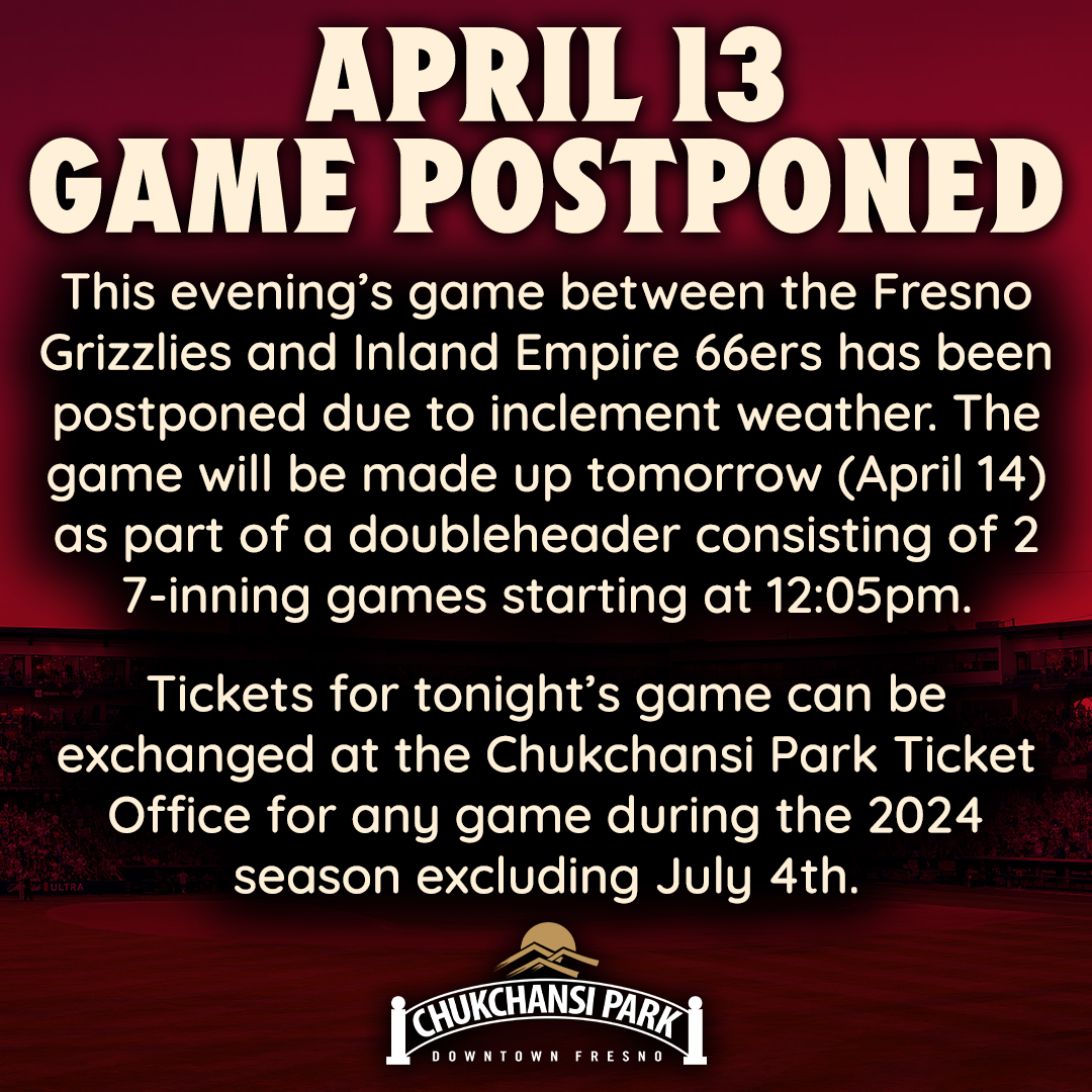 UPDATE: Tonight's game has been postponed and will be made up as part of a doubleheader tomorrow (4/14) starting at 12:05pm. Gates will open for season ticket holders at 10:50am with general admission gates opening at 11:05am.