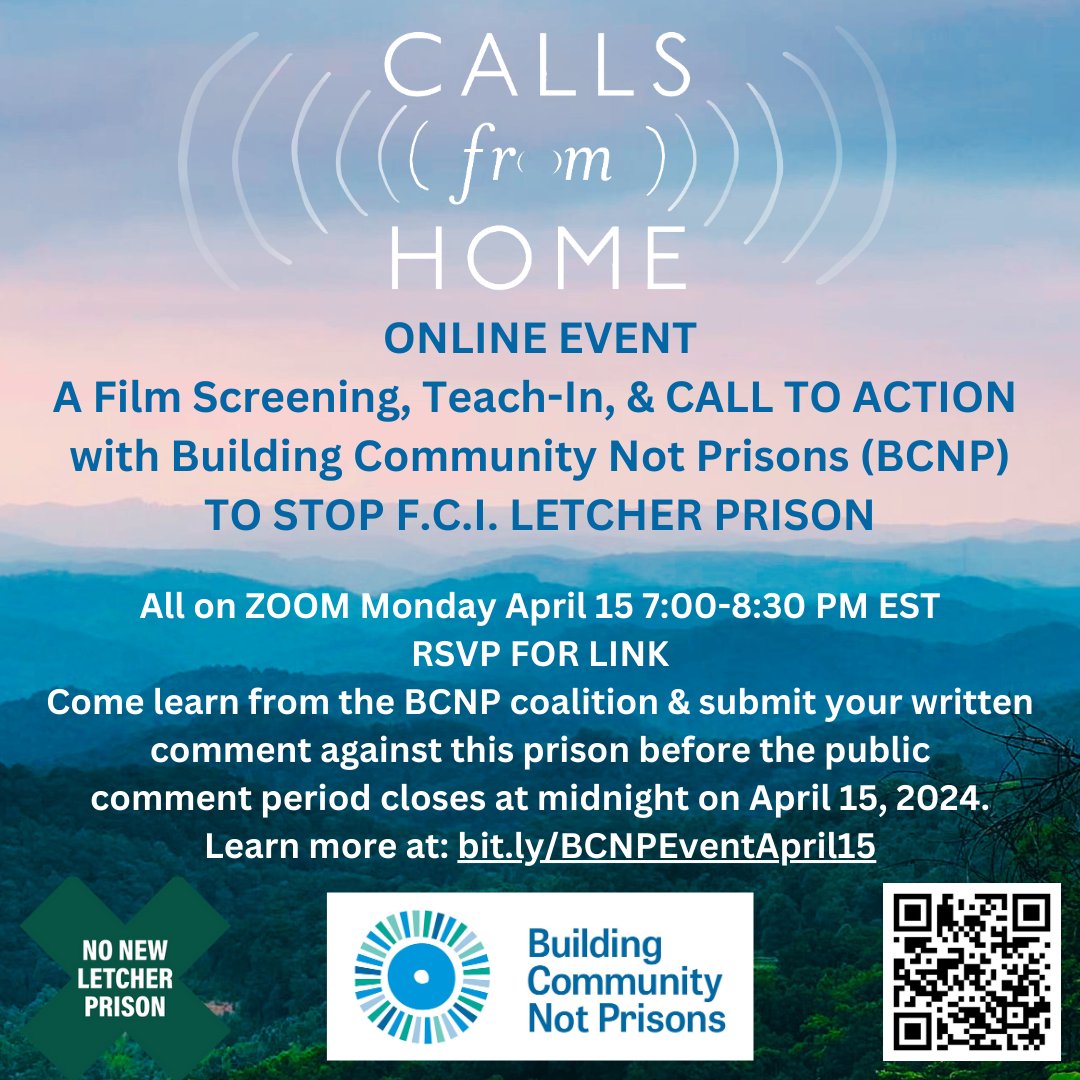 Join us online Monday, April 15, 7:00-8:00 PM EST for a final event of our tour. We'll view a clip of the Calls from Home film followed by a teach-in with Judah Schept, Amelia Kirby, Sylvia Ryerson, Free Minds Book Club & more. RSVP Link: bit.ly/BCNPEventApril…