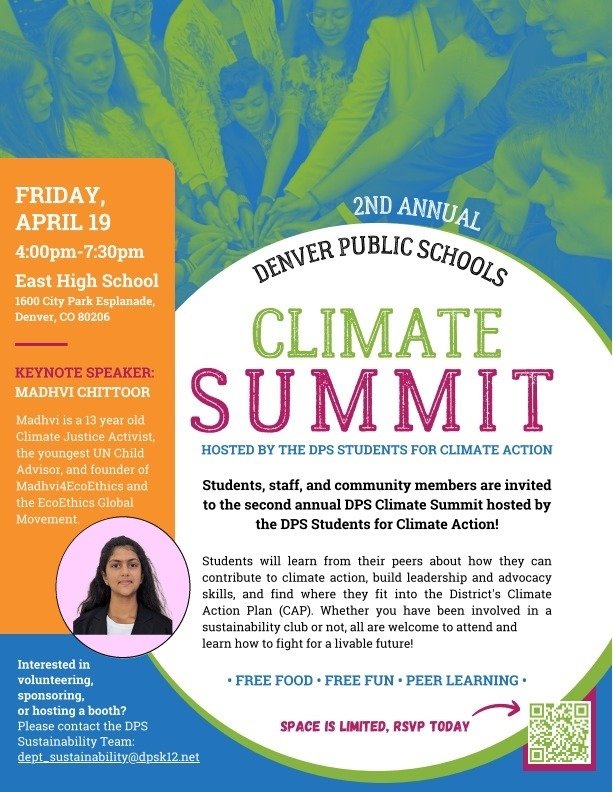 I am happy to share that I've been invited as a Keynote Speaker to the 2nd annual #DenverPublicSchools Climate Summit.
.   
Youth/children are raising their voices for all govts, bizes & adults to protect our only home #PlanetEarth for all generations. 
#Sustainability #Jeffco