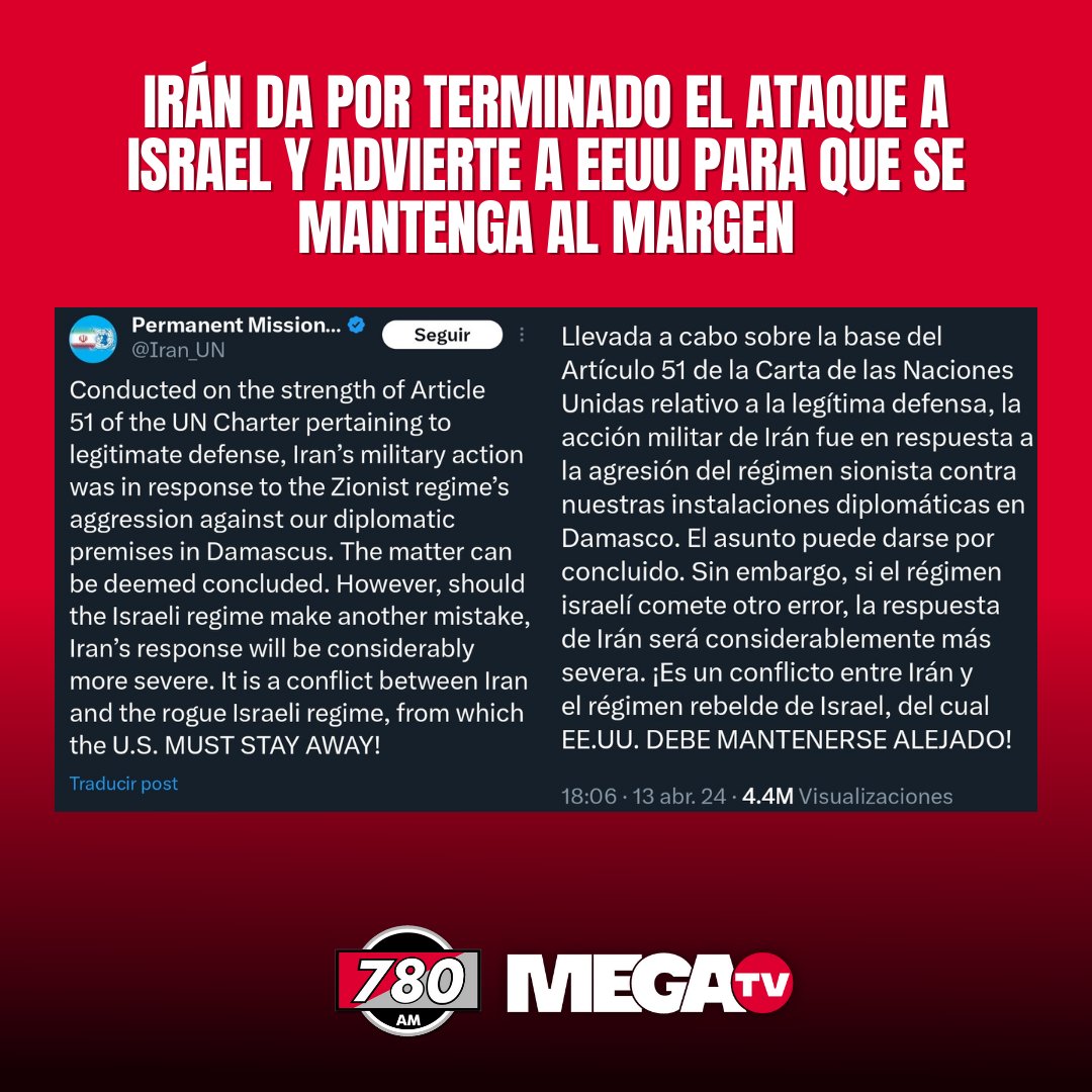 LO ÚLTIMO | Irán da por concluido el ataque a Israel 💥 📜 A través de su cuenta oficial de X, Irán comunica que 'da por concluída su reacción'. Además advierte a Israel que 'no vuelva a cometer errores', aludiendo al ataque a su consulado en Damasco, Siria y que EEUU no se…