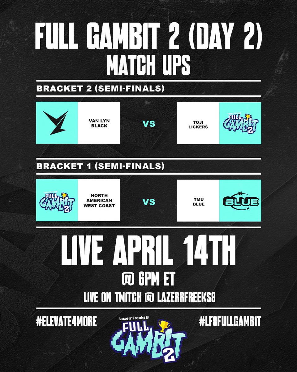 ‼️DAY 2 TOMORROW‼️

Here are the matchups for tomorrow!

We have 
<a href="/VanLynGG/">Van Lyn</a> Black v Toji Lickers

North American West Cost v <a href="/TMUBlueVAL/">TMU Blue Valorant</a> 

Congratulations to all 4 teams as they compete to win $1000 tomorrow in the #LF8FullGambit

See y’all tomorrow😎

#Elevate4More #Valorant