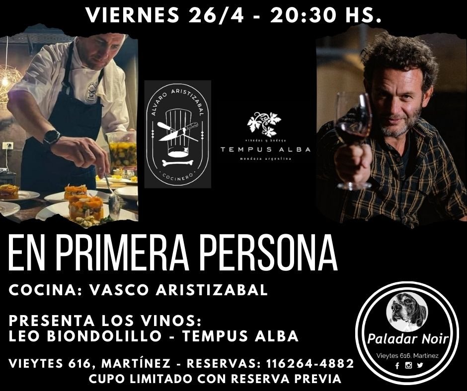 EN PRIMERA PERSONA: Vasco Aristizábal Cocinero El próx. 26/4 vendrá @arrobavasco a cocinar en Paladar Noir: 6 platillos q maridarán perfectamente con 6 vinos de @Tempusalba , presentados x Leo Biondolillo. Acompaña con sus quesos @TregarOk VALOR: $35.000. RSVP Paladar Noir🐶