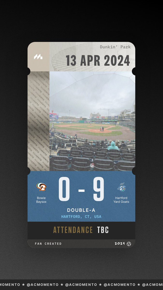 @ACMomento check off my 11th baseball game of the year and 100th total baseball (for leagues/teams that are in the app). It was a doubleheader for the Hartford Yard Goats today!