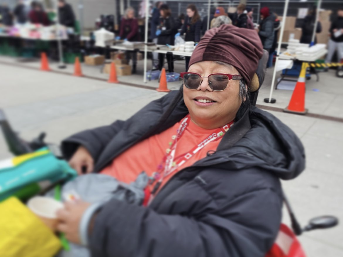 This is Madelyn. I hadn't met her before in the Gore Park Line for people experiencing hunger and homelessness because she's been sick and unable to leave her apartment for months. As a social person she was so thrilled to be back amongst her community. #HamOnt #ONpoli #CdnPoli