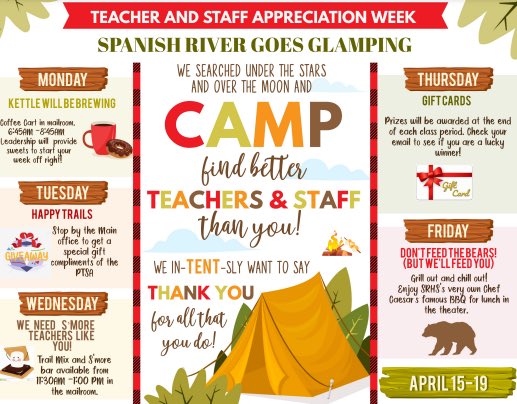 Getting excited to celebrate our amazing @SharksSrhs Staff this week during our ‘Glamping’ Staff Appreciation Week! Thx @RiverPTSA for recognizing our staff! @RachelCapitano @Ed_Tierney1 @pbcsd