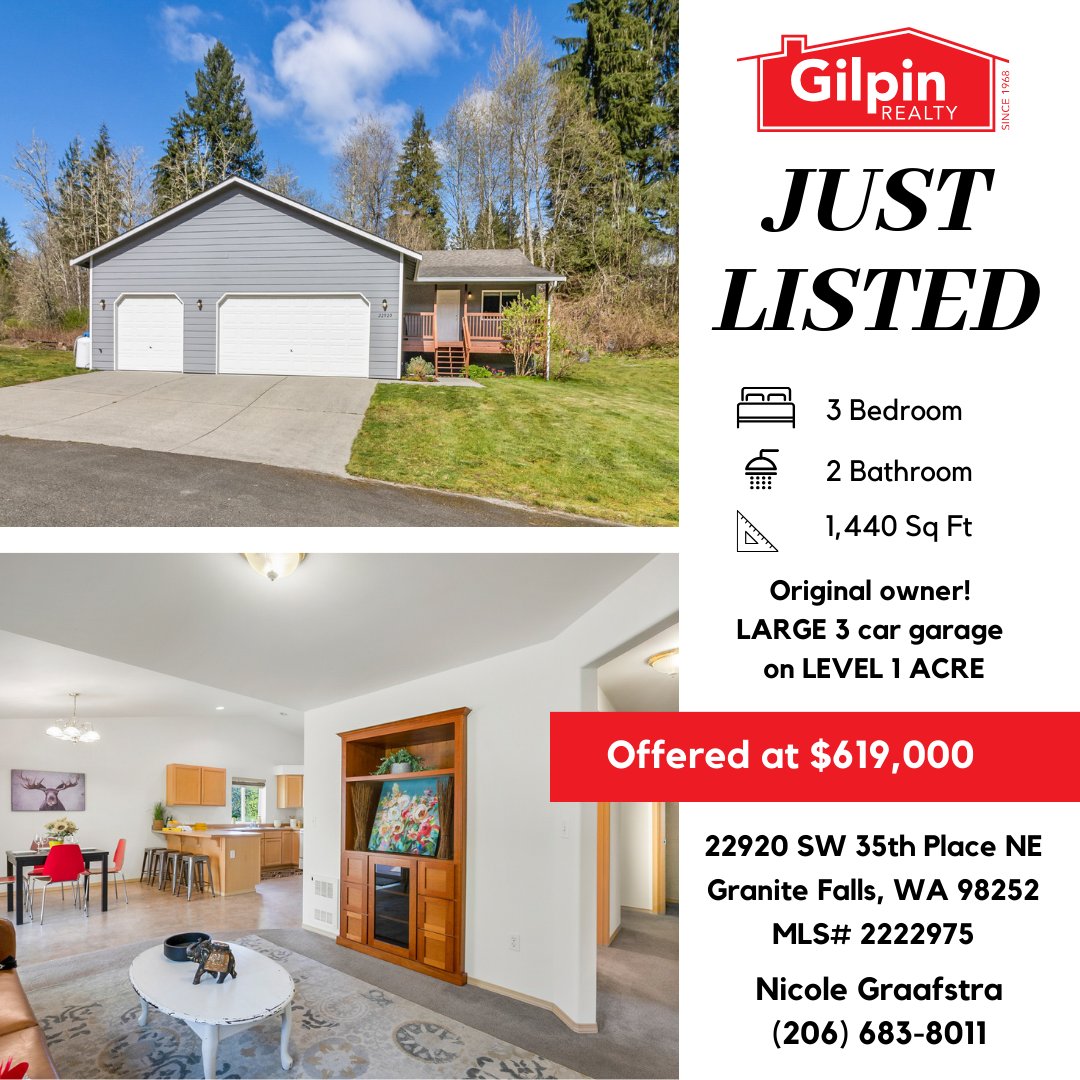 #JustListed in #GraniteFalls 
View Full Listing>> zurl.co/keT9 
🛌 3 BD 🛁 2 BA 📐1,440 SQ FT
💰Offered at $619,000
🏡 22920 SW 35th Place NE, 
Granite Falls, WA 98252
✅NWMLS #2222975

#Gilpin #GilpinRealty #GilpinRealtySnohomish #RealEstate #NicoleGraafstraa