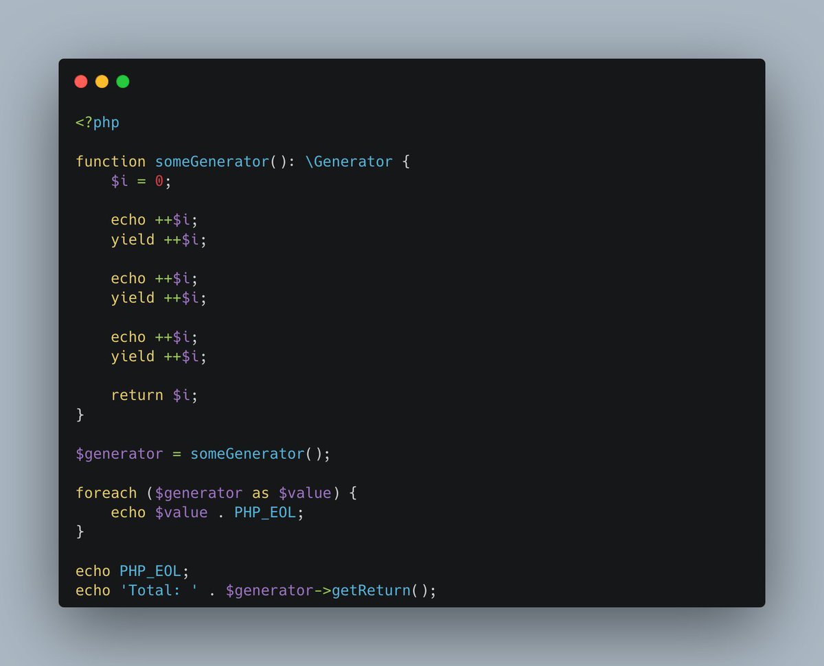 alex_s_'s tweet photo. Generators in #PHP are nice for batch processing. Did you know they still can have a return statement? Nice to return a total after processing unknown amount of items:

https://t.co/Q1tNsEkRC5 

Ouput:

12
34
56

Total: 6 https://t.co/zmUIZHNBif