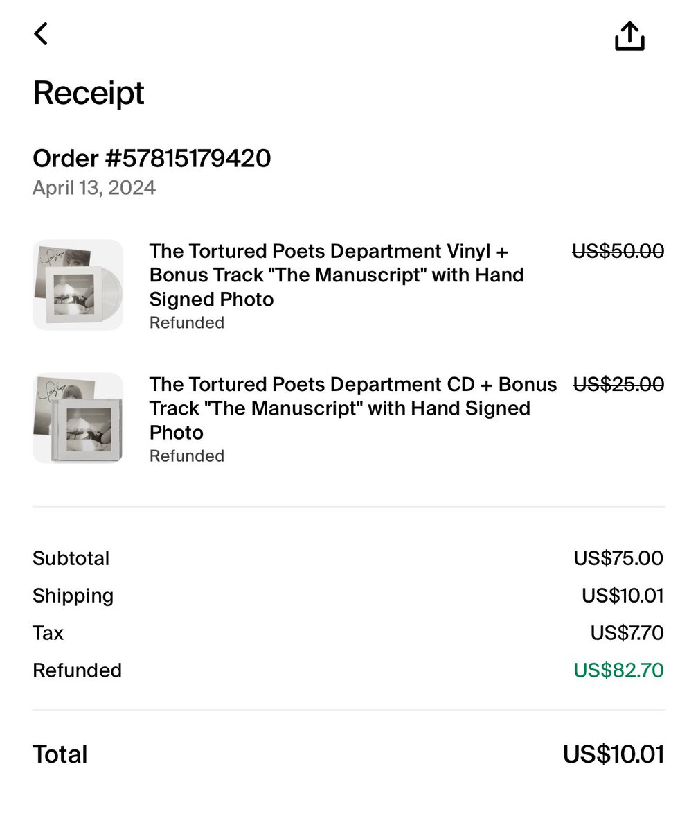 rxmnova's tweet photo. @jass13_02 @swiftpitch_py same here! at first it was just the vinyl &amp; now its both 😭 why are they still making us pay for shipping when our orders have been cancelled…??? its crazy. https://t.co/DFytaShVUu