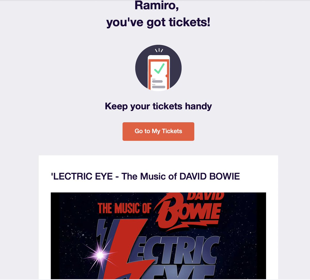 RAMIRO got some tickets to see 'Lectric Eye - The Music of David Bowie - DID YOU GET YOURS? see them LIVE - Saturday 4/20 at Rockefellers Houston Reserved Seat Tickets at Eventbrite while they last!