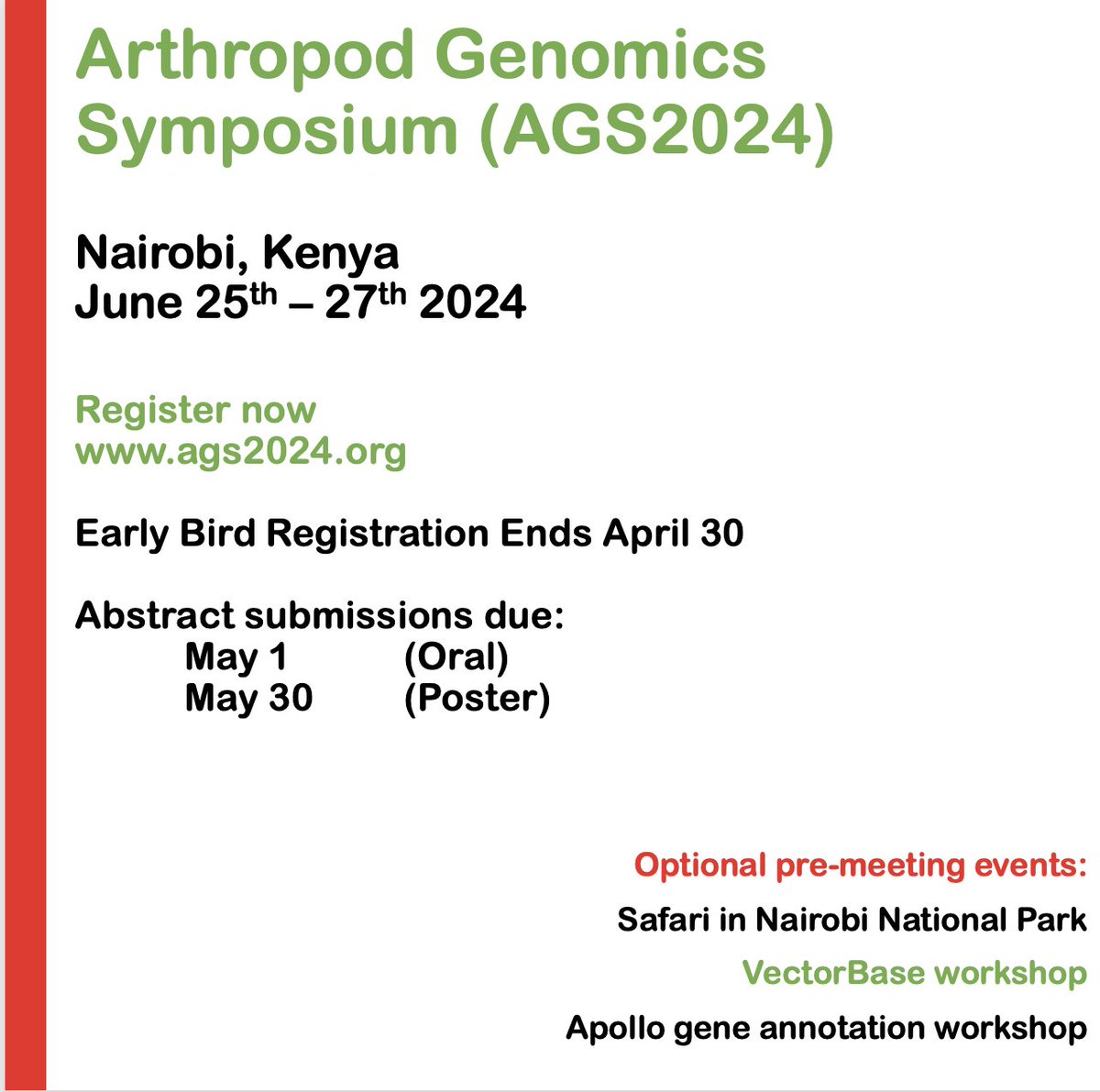 Have you applied yet for Arthropod Genomics Symposum 2024 in Nairobi this summer? [Organized by @NotreDame, @KEMRI_Kenya, and @pamcafrica]