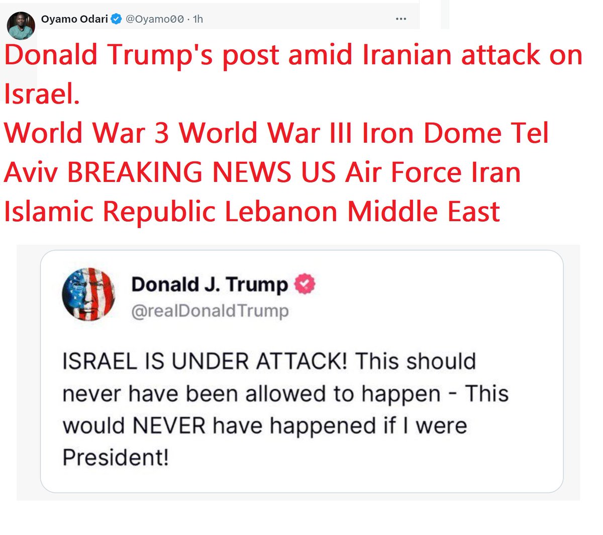 🇺🇸❤️PATRIOT FOLLOW TRAIN❤️🇺🇸 🇺🇸❤️HAPPY SATURDAY EVENING !❤️🇺🇸 🇺🇸❤️DROP YOUR HANDLES ❤️🇺🇸 🇺🇸❤️FOLLOW OTHER PATRIOTS❤️🇺🇸 🔥❤️LIKE & RETWEET IFBAP❤️🔥 🇺🇸❤️PRAY FOR TRUMP❤️🇺🇸 Donald Trump's post amid Iranian attack on Israel. World War 3 World War III Iron Dome Tel Aviv…