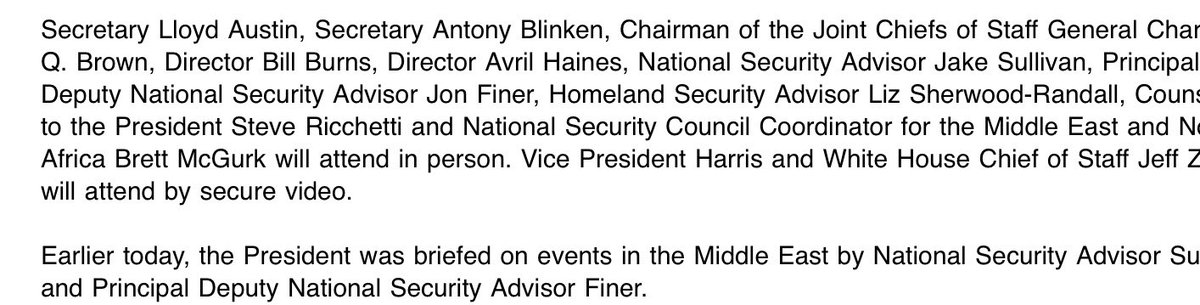 President Biden in Situation Room w/ principals of the National Security Council to discuss events in the Middle East. Additional attendees: