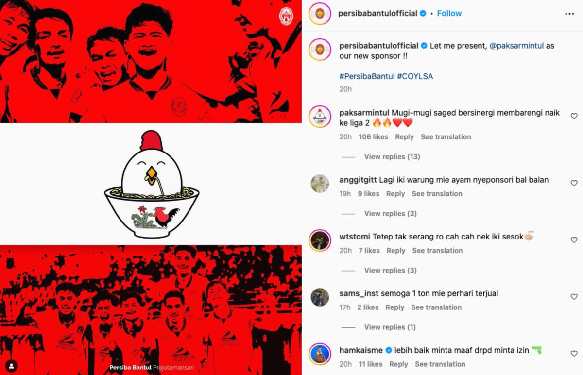 Here we go…!!!

Mie ayam <a href="/PakSarmintul/">Mie Ayamnya mBantul</a> resmi menjadi sponsor <a href="/Persiba/">Persiba Bantul</a> Bantul. 

Kabar yang tentu saja sangat membanggakan buat skena mie ayam tanah air.