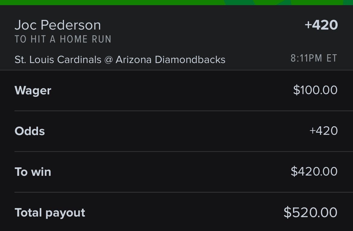 Mr_Betzman's tweet image. Joc Pederson +420
To hit a home run 
Over .5 home runs
Hit it 
🪓
#Freeplay #Callitin #BatemanBets #Betzmanbombs #MLBBets #MLBPicks  #GamblingX #GamblingTwitter #Dingers #iBetDingers #yabos