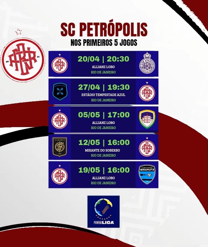 PrimeiraLiga_BR's tweet photo. Os primeiros compromissos do Rubro-negro na Primeira Liga! Então, me diz: quantos pontos o @SCPetropolis faz nas 5 Primeiras Rodadas? 👀

#LigadoBrasileiro https://t.co/xRZeyCmSJO