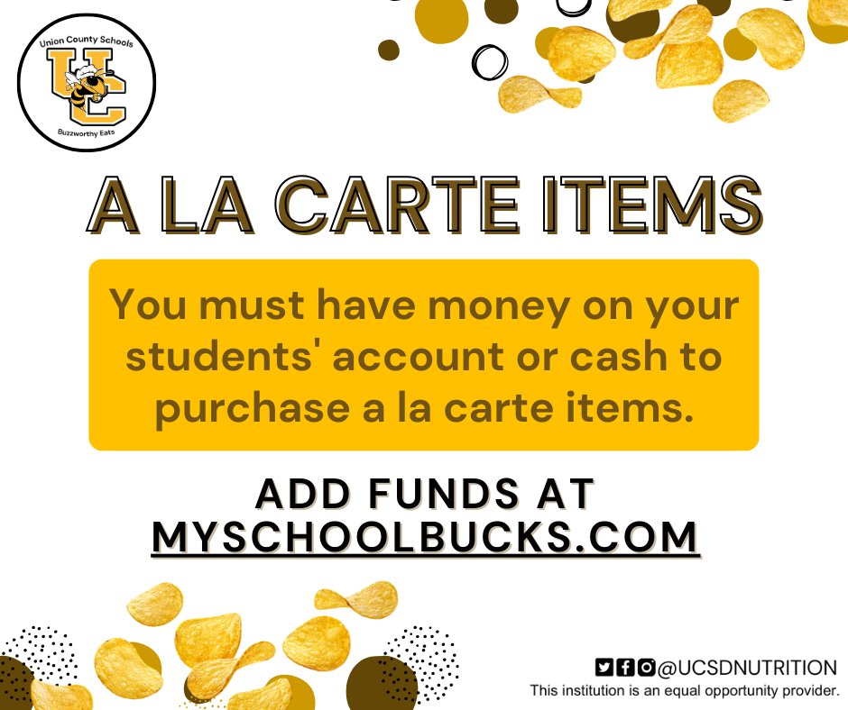 Add funds your student's meal account, and they can dive into our smart snack-able a la carte items. 🙌 myschoolbucks.com

@ucsdsc #DoingGreatThingsUCSD #UnionSC #UnionSouthCarolina #Union #SCschools #UnionCounty #BuzzworthyEats