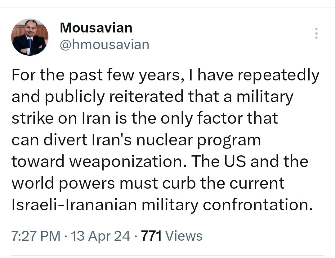 تهدید تلویحی حسین موسویان (پیام به دولت بایدن): درصورت حمله اسرائیل به ایران، رژیم بطرف ساخت بمب هسته ای خواهد رفت.