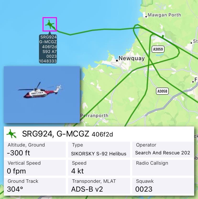 RESCUE924 from Newquay is airborne & tasked on an active tasking. SRG & Squawking 0023 aircraft engaged in SAR Operation. UK HM Coastguard Sikorsky S92, Reg:G-MCGZ.
