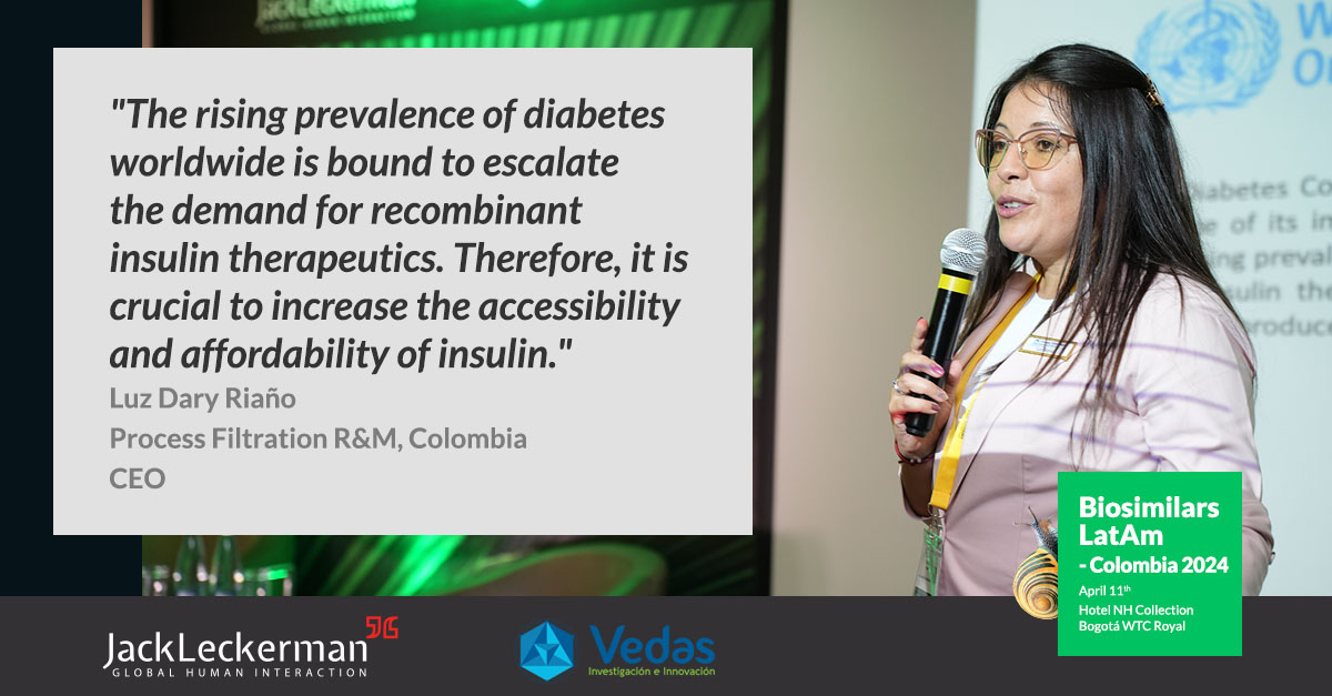 🔬 LUZ RIAÑO at #BiosimilarsLatAm - #Colombia2024 shed light on the vital role of ultrafiltration in recombinant human insulin production. Highlighting the growing demand for insulin therapeutics amid rising diabetes prevalence, she emphasized the need to enhance accessibility.