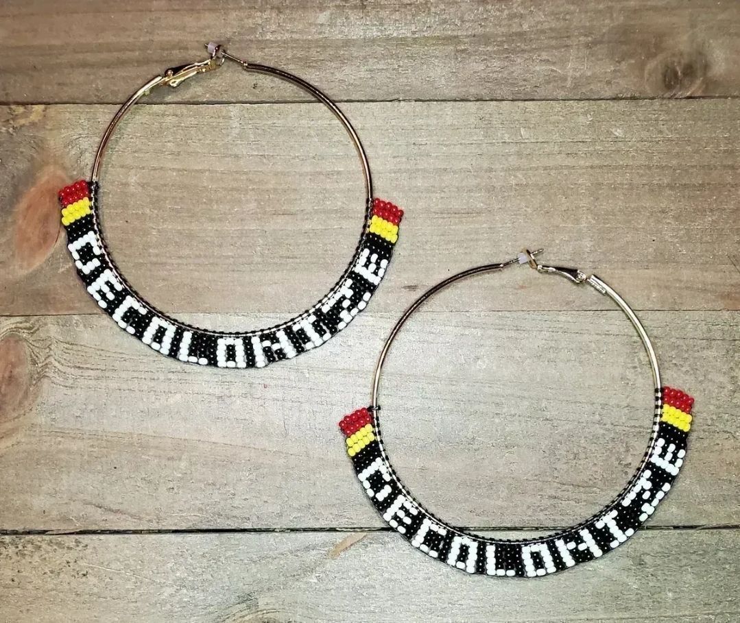 DECOLONIZE beaded hoop earrings... available in my Big Cartel store for $45 + shipping, at buff.ly/42LXhyD. Kukwstumckacw- thank you for looking! #decolonize #NativeTwitter #BeadedEarrings #beadwork #NativeMade