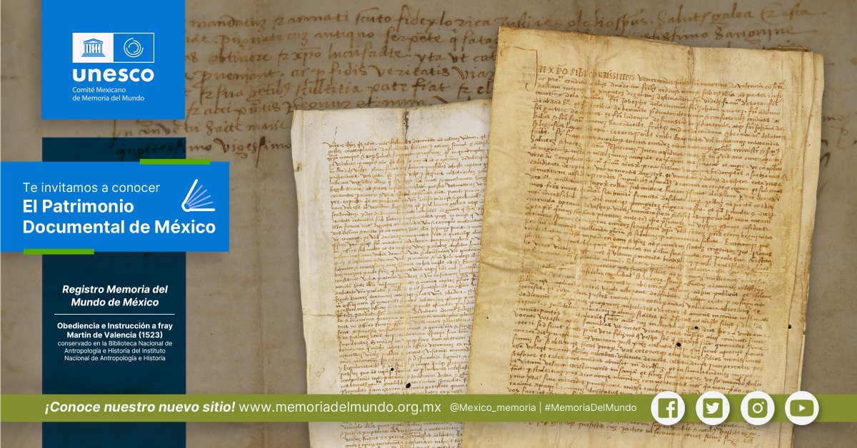 📜El archivo de Obediencia e instrucción a fray Martín de Valencia (1523), conservado por la <a href="/bnahmxoficial/">@bibliotecauser</a>- <a href="/INAHmx/">INAH</a>, es de los 18 nuevos registros nacionales #MemoriadelMundo. 👏🏿

➡️ bit.ly/3x11tz9

👉🏿Conoce más del #PatrimonioDocumental mexicano en <a href="/mexico_memoria/">México en la Memoria del Mundo</a>.