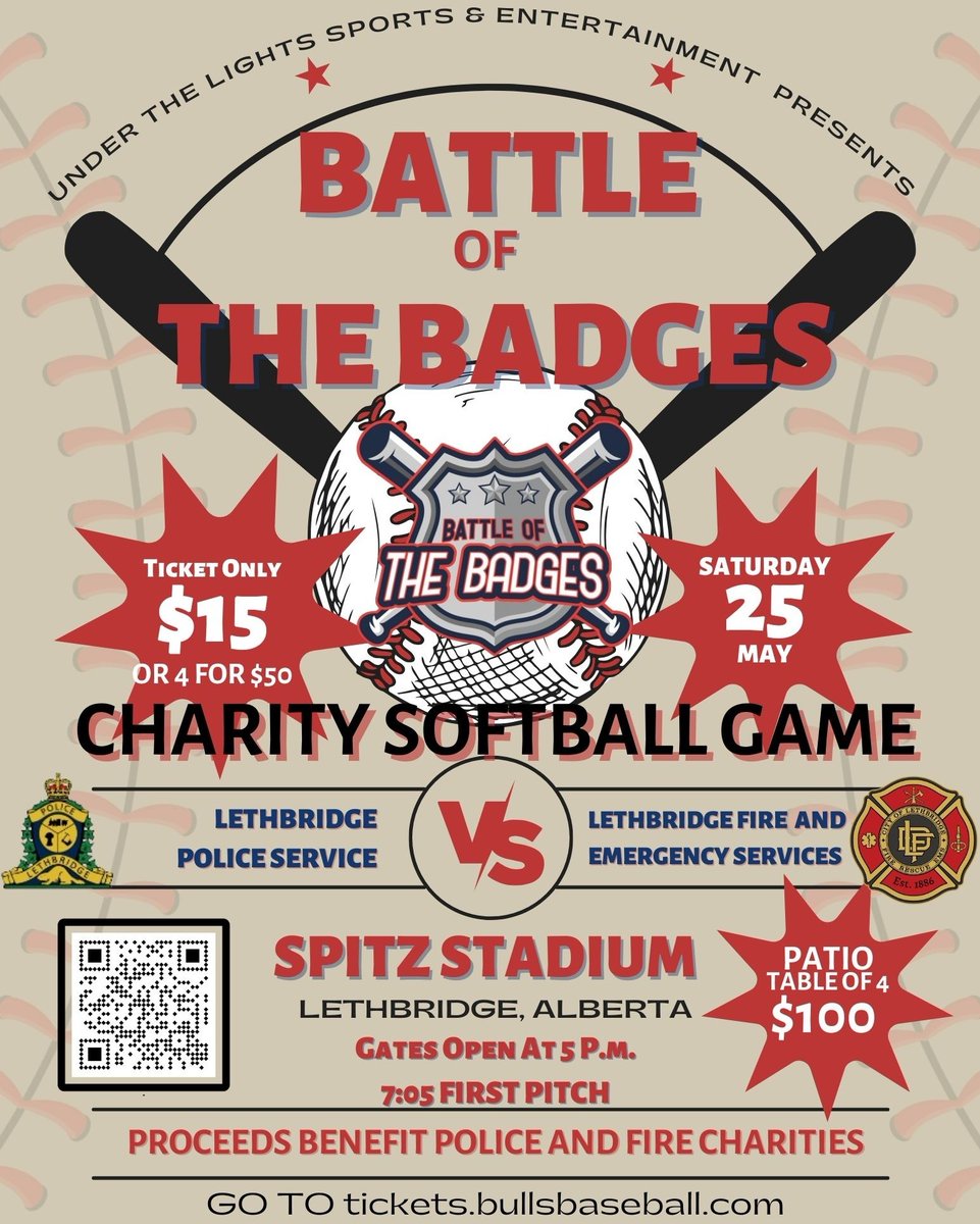 🚨 The Battle of the Badges 2024 is back and tickets are available NOW 👉 tickets.bullsbaseball.com 🔵 The Lethbridge Police Service vs.🔴 The Lethbridge Firefighters at Spitz Stadium on May 25th! #LethbridgeSoftball #Softball #BattleOfTheBadges #LethbridgeProud 🌟