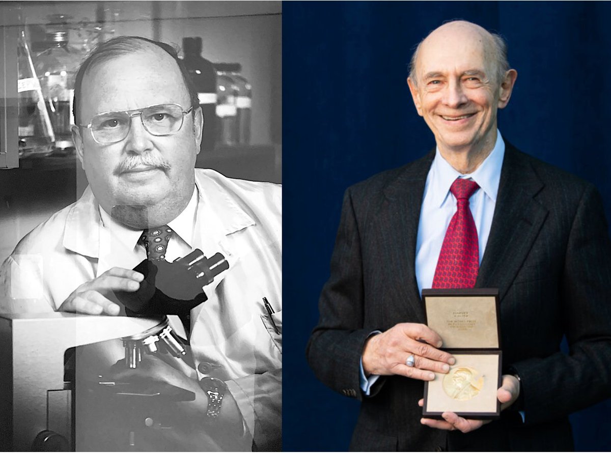 On the 60th Anniversary of @MSUMD's founding, we celebrate @MSU_Medicine founding Chair, Dr. Scott Swisher (L). His mentee, Dr. Harvey Alter (R), who won the 2020 @NobelPrize for discovering Hepatitis C virus, credits Dr. Swisher for using his influence to send Alter to @NIH when
