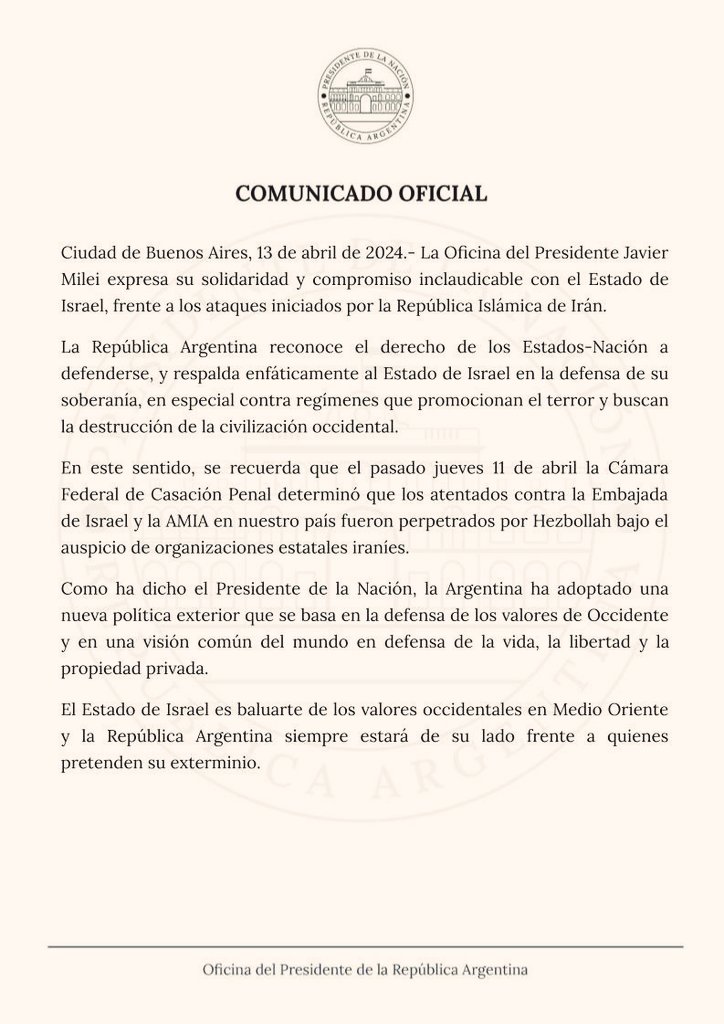 BiondiniCesar's tweet photo. El comunicado de Milei es básicamente una expresión personal, que no puede representar al país. Se puede condenar un acto de guerra, en este caso contra Israel, pero los términos y conceptos que utiliza son incorrectos y hasta infantiles. ¿Qué son exactamente "los valores de Occidente" con los que pretende alinearnos? ¿Ese "Occidente" incluye a la Inglaterra que usurpa nuestras Malvinas? Argentina siempre fue neutral, pero ahora ya no. Como siempre, los libertarios nos meten en problemas.