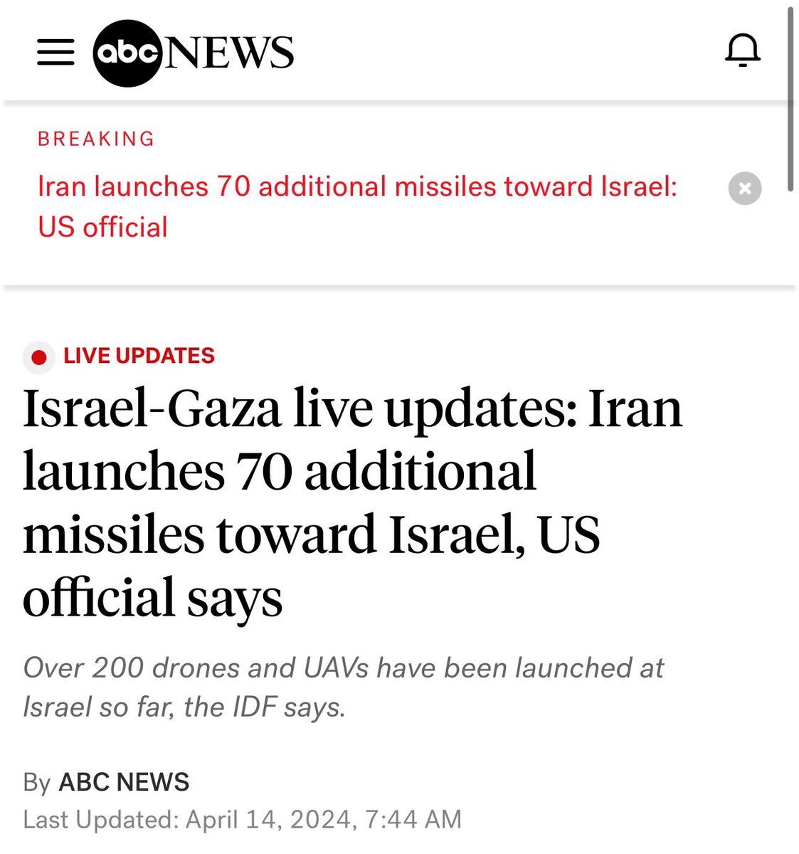 ABC News reports that Iran has just launched an additional 70 missiles at Israel, citing a US official. The news follows a statement by Iran “concluding” the unprecedented strike.