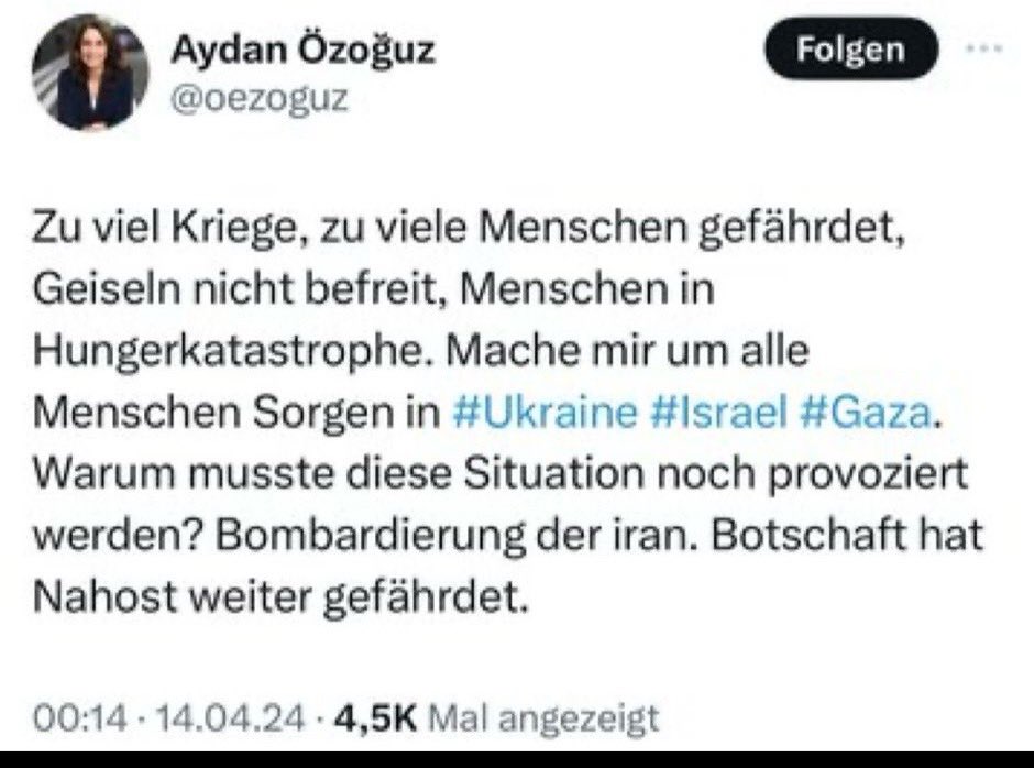 Frau @oezoguz wie können Sie so eine unverschämte Nachricht in die Welt setzen und #Israel als Verursachers des neuen Krieges bezeichnen? Wissen Sie nicht, dass Israel Seit Monaten unter Beschuss der iranischen Raketen aus Gaza, Libanon, Yemen, Irak und Syrien ist?