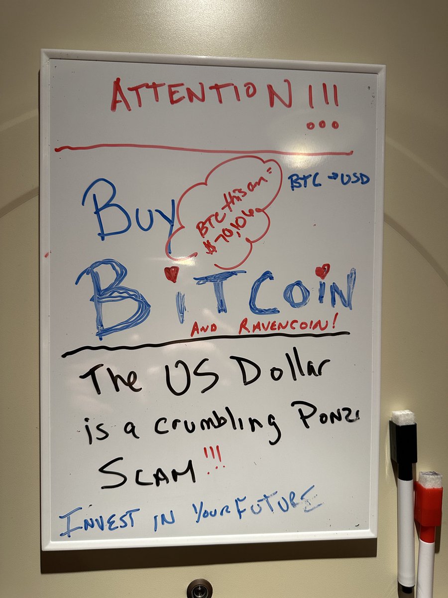 tronblack's tweet photo. We’re going to dinner tomorrow with our new Bitcoin friends.  This was on their cabin door.  My wife added the Bitcoin price.  I added “and Ravencoin!” https://t.co/ZSUjJyfDlu