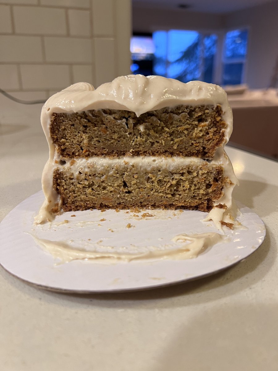 The inside of the puppy cake! 🎂 It’s a peanut butter carrot cake. And for the “icing”, I used a white potato, plain Greek yogurt, and pumpkin peanut butter. I tasted it. It’s…not tasty 🤣 but our puppy loved it! 🐾