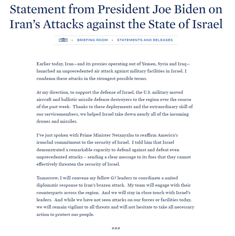 spectatorindex's tweet photo. JUST IN: President Biden statement on Iran's attack https://t.co/sP5Lot828N