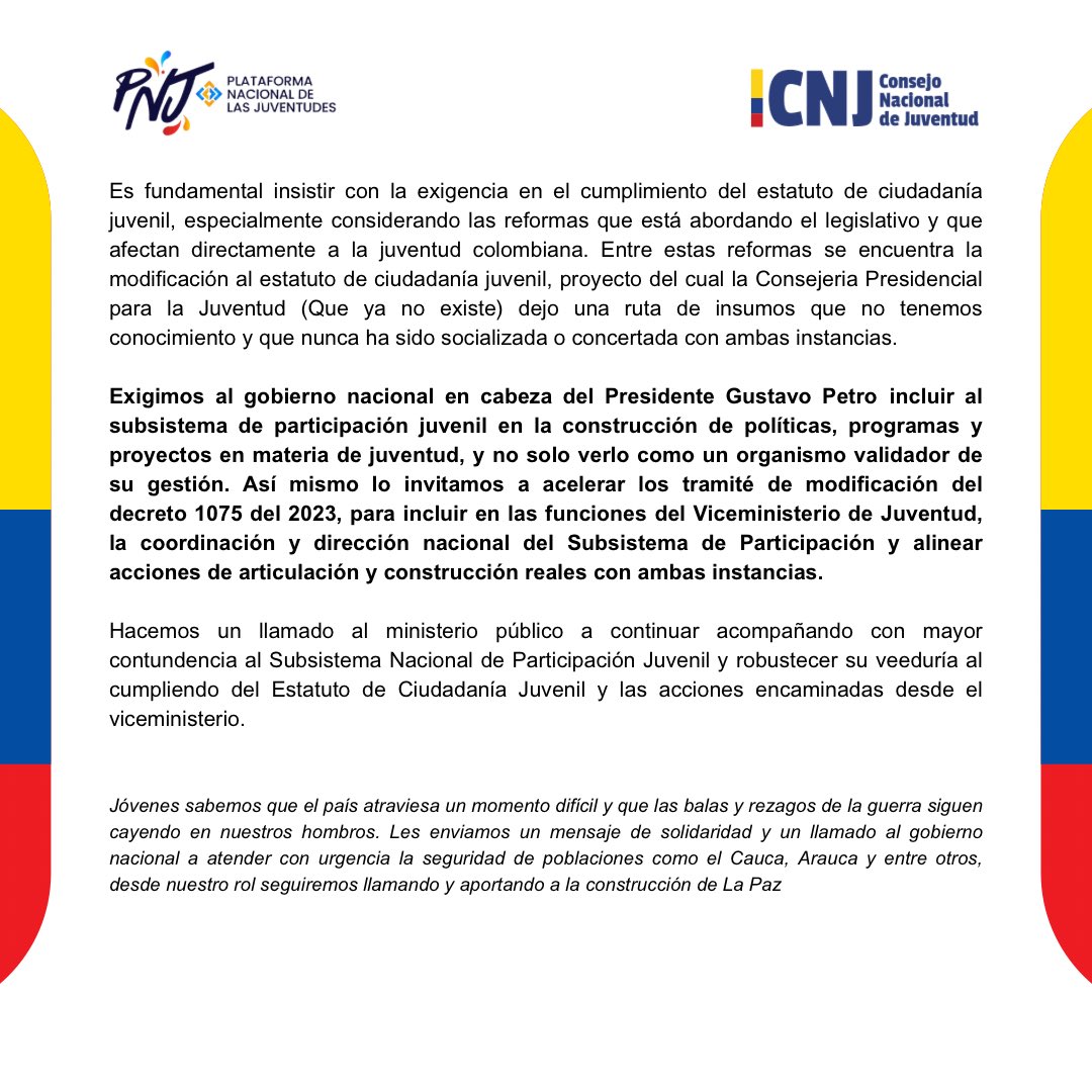 ℂ𝕠𝕞𝕦𝕟𝕚𝕔𝕒𝕕𝕠 𝕒 𝕝𝕒 𝕆𝕡𝕚𝕟𝕚𝕠́𝕟 ℙ𝕦́𝕓𝕝𝕚𝕔𝕒 𝕕𝕖𝕝 𝕊𝕦𝕓𝕤𝕚𝕤𝕥𝕖𝕞𝕒 𝕕𝕖 ℙ𝕒𝕣𝕥𝕚𝕔𝕚𝕡𝕒𝕔𝕚𝕠́𝕟 𝕁𝕦𝕧𝕖𝕟𝕚𝕝.🇨🇴
<a href="/petrogustavo/">Gustavo Petro</a> <a href="/FranciaMarquezM/">Francia Márquez Mina</a> <a href="/pnjcolombia/">Plataforma Nacional de Juventudes de Colombia</a>