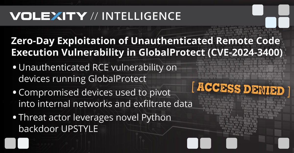 Zero-Day Exploitation of Unauthenticated Remote Code Execution Vulnerability in GlobalProtect (CVE-2024-3400) volexity.com/blog/2024/04/1… #Pentesting #Exploit #Vulnerability #CyberSecurity #Infosec