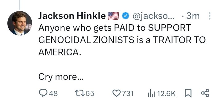 Anyone who gets PAID to SUPPORT GENOCIDAL ZIONISTS is a TRAITOR TO AMERICA. Cry more... ~Jackson Hinkle . World war 3 Israel Iran #Iran #IranAttack #Iranians