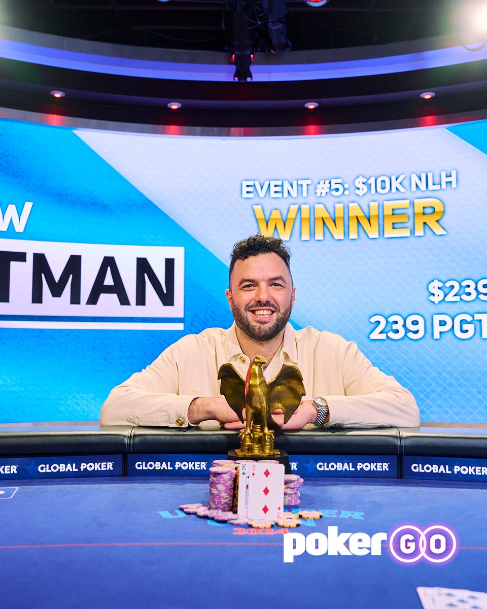 Matthew Wantman with his Golden Eagle trophy and taking home $239,200 for his first-place prize after defeating Daniel Negreanu in Event #5: $10,100 No-Limit Hold'em. Recap: bit.ly/4cXaqdp