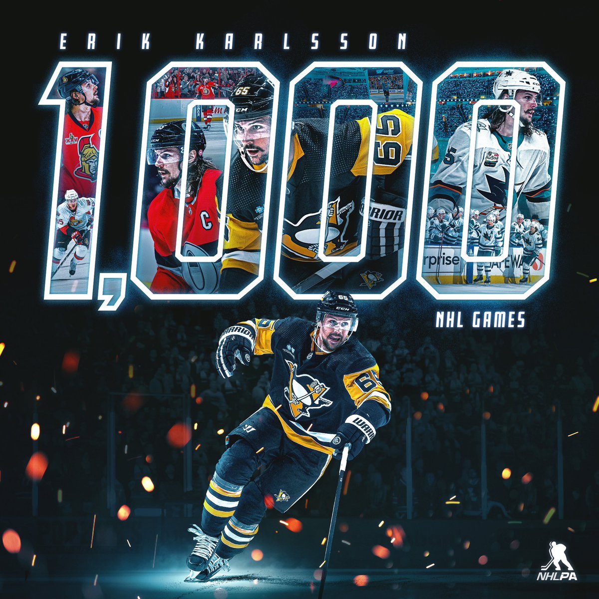 🤴 A silver crown for King Karl?   Congratulations to @ErikKarlsson65, who becomes the 8th Swedish defenceman in NHL history to play in 1,000 games. #ER1K
