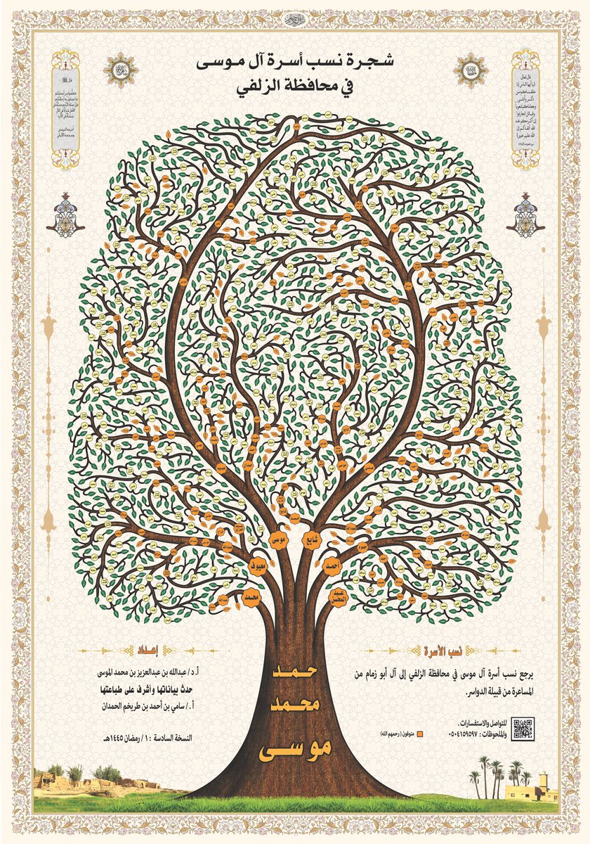 Unaizah2030's tweet photo. 🇸🇦
*شجرة نسب أسرة آل موسى بمحافظة الزلفي من آل أبو زمام من المساعرة من قبيلة الدواسر،وتضم العوائل:
( الشايع،الموسى،الحمدان،المعيوف،العبيد )الأصدار السادس 1445هـ . https://t.co/vdzVCp1kPP