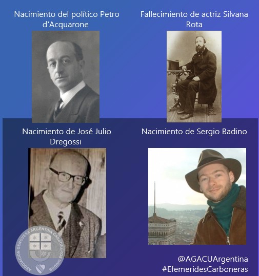 #efemeridescarboneras

9/4/1890. Nacimiento del político Petro d'Acquarone 1er Duque de Acquarone y IV Conde de Acquarone. Senador y Ministro de Italia.

10/4/1916. Fallecimiento en Génova del médico y botánico (nacido en Voltri) Francesco Baglietto.

sigue 👇