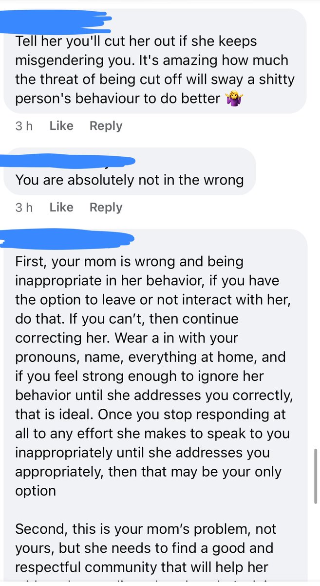 Look at these adults in a Facebook group telling a kid that her mother doesn’t care about her and that she should cut her off.